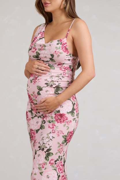 Phantasy Pink Floral Maternity Cowl Neck Maxi Dress-Fashionmomo.All Rights Reserved