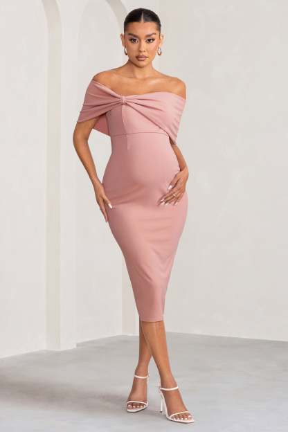 Alyssa Blush Bardot Bow Maternity Midi Dress with Ruching-Fashionmomo.All Rights Reserved