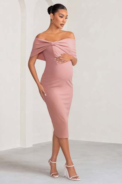 Alyssa Blush Bardot Bow Maternity Midi Dress with Ruching-Fashionmomo.All Rights Reserved