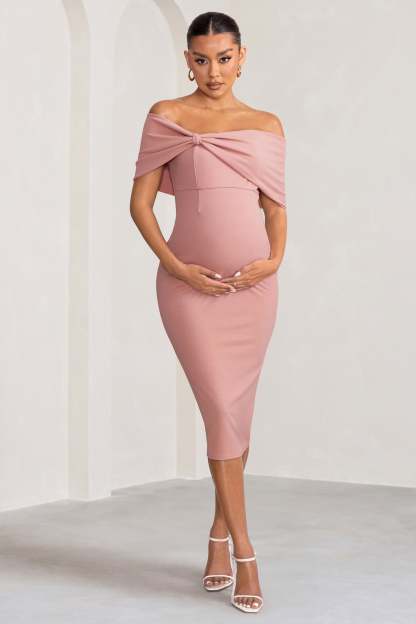 Alyssa Blush Bardot Bow Maternity Midi Dress with Ruching-Fashionmomo.All Rights Reserved