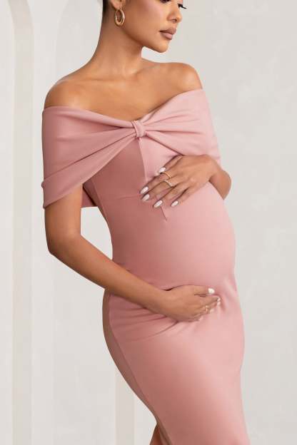 Alyssa Blush Bardot Bow Maternity Midi Dress with Ruching-Fashionmomo.All Rights Reserved