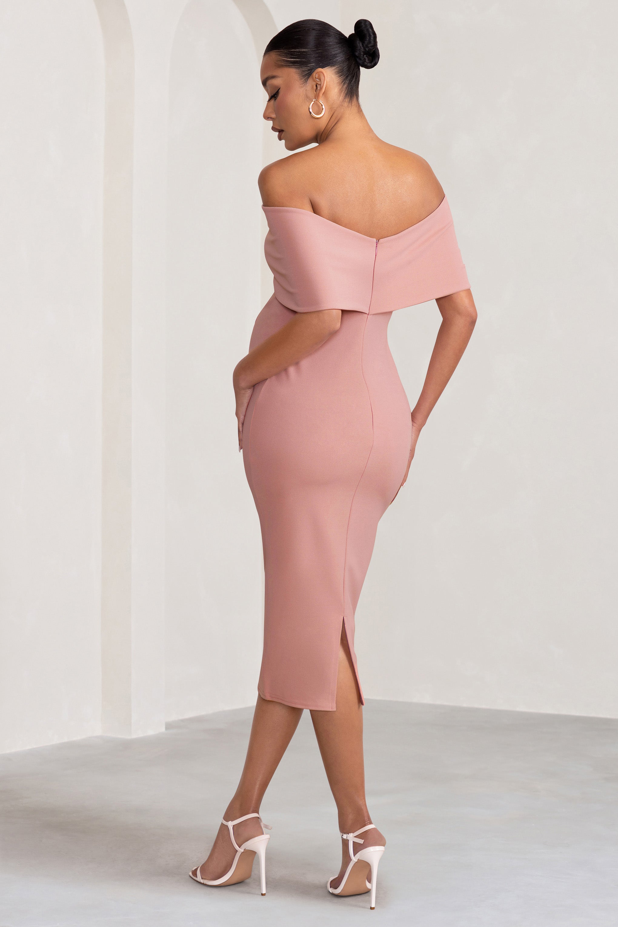 Alyssa Blush Bardot Bow Maternity Midi Dress with Ruching-Fashionmomo.All Rights Reserved