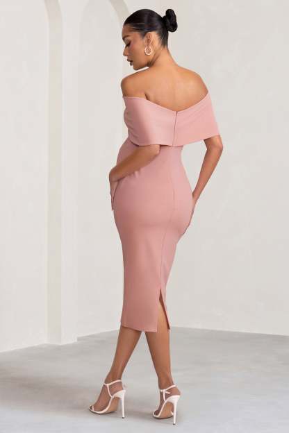 Alyssa Blush Bardot Bow Maternity Midi Dress with Ruching-Fashionmomo.All Rights Reserved