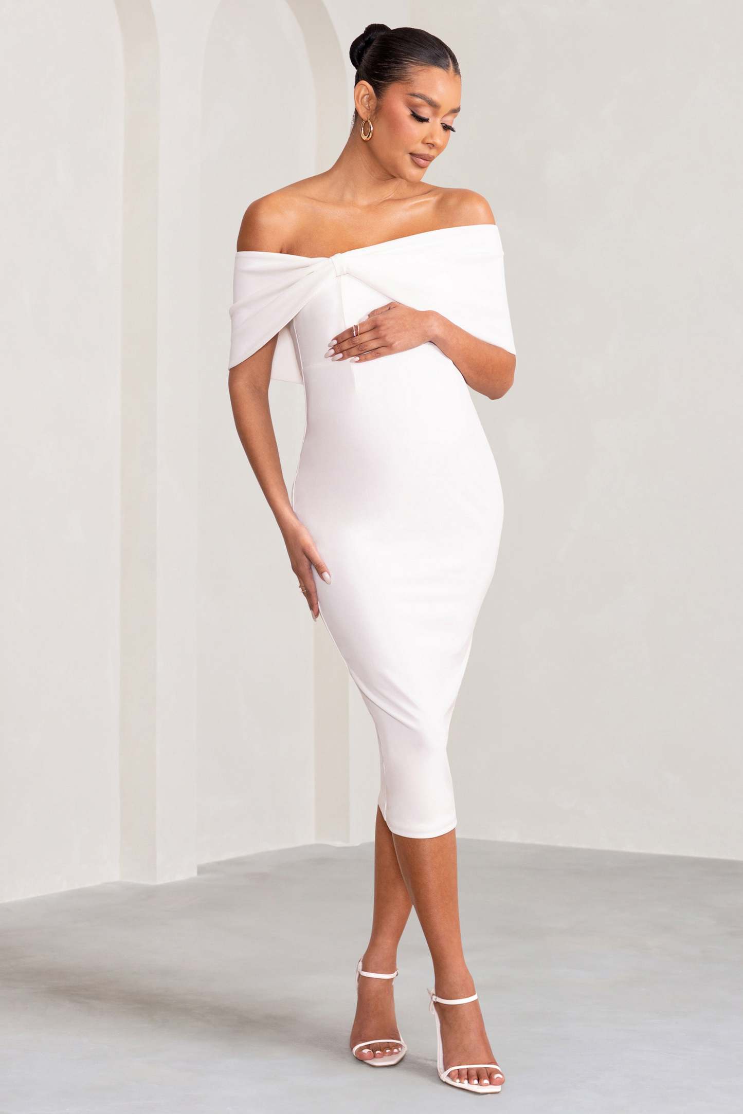 Alyssa White Bardot Bow Maternity Midi Dress with Ruching-Fashionmomo.All Rights Reserved