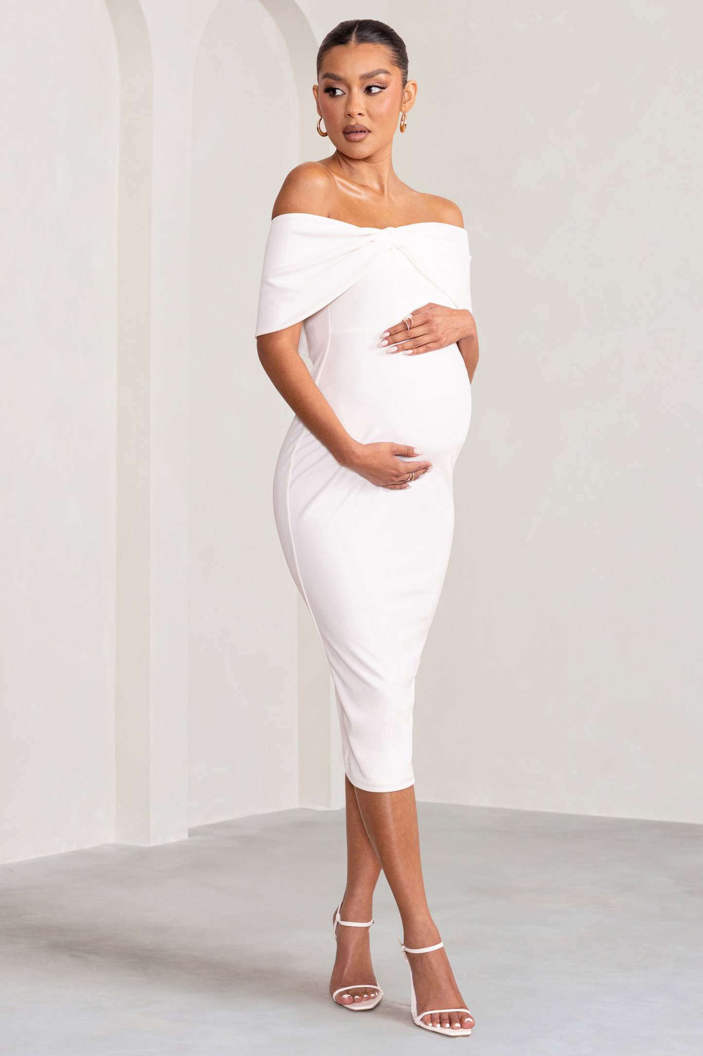Alyssa White Bardot Bow Maternity Midi Dress with Ruching-Fashionmomo.All Rights Reserved