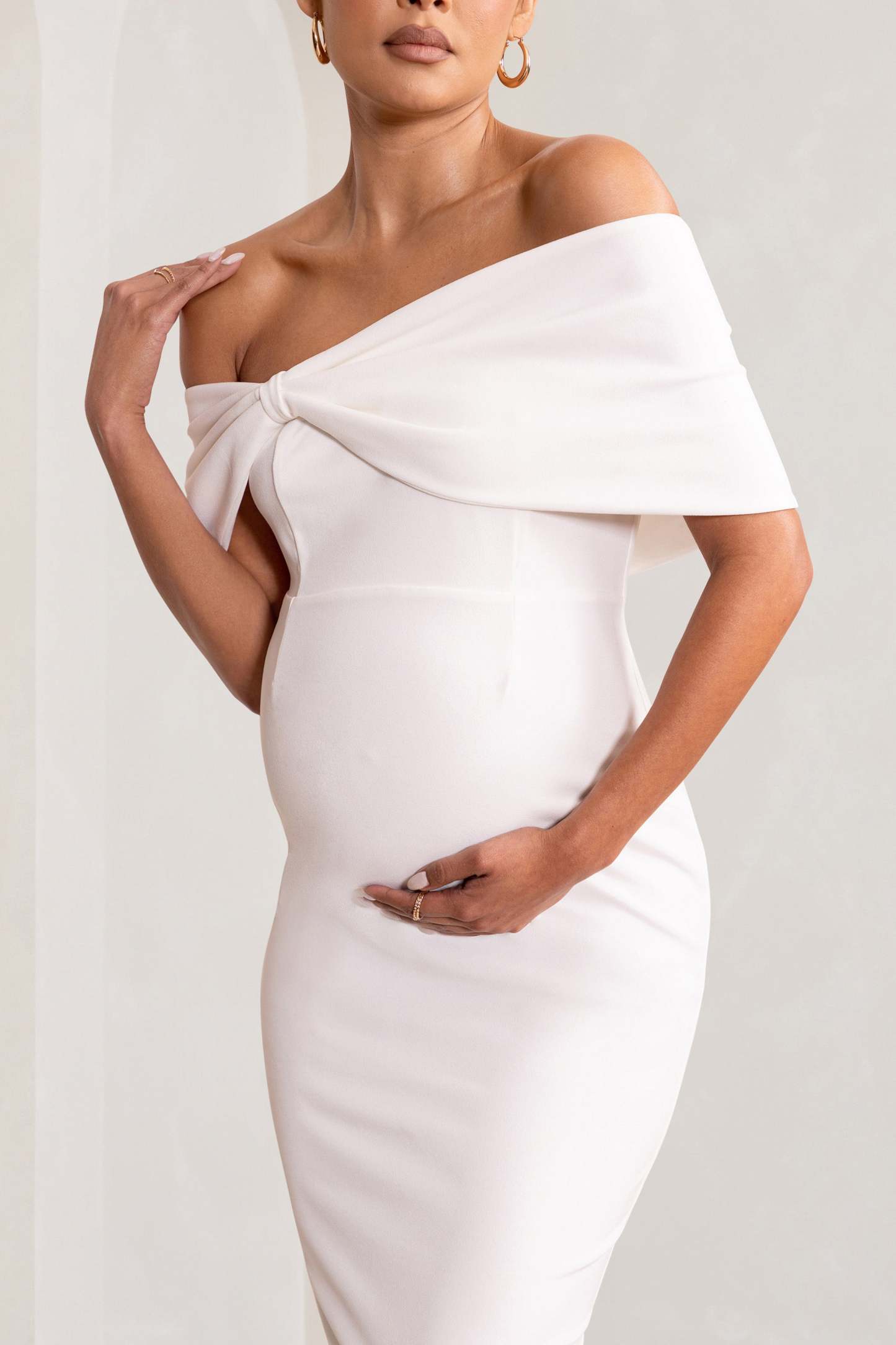 Alyssa White Bardot Bow Maternity Midi Dress with Ruching-Fashionmomo.All Rights Reserved