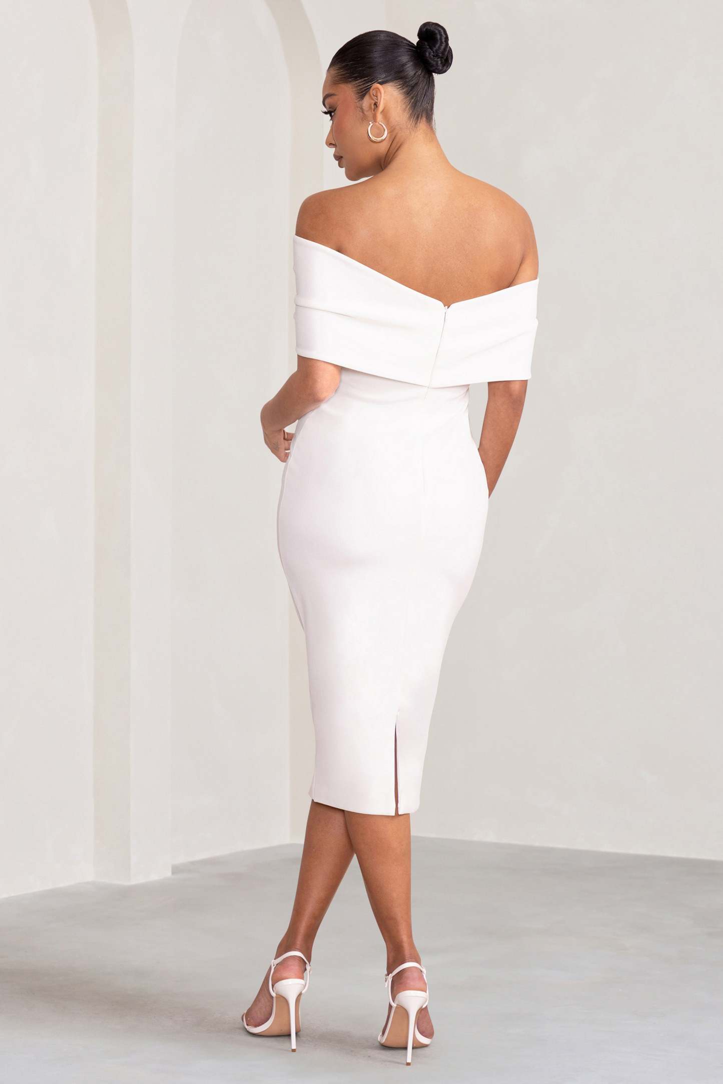 Alyssa White Bardot Bow Maternity Midi Dress with Ruching-Fashionmomo.All Rights Reserved