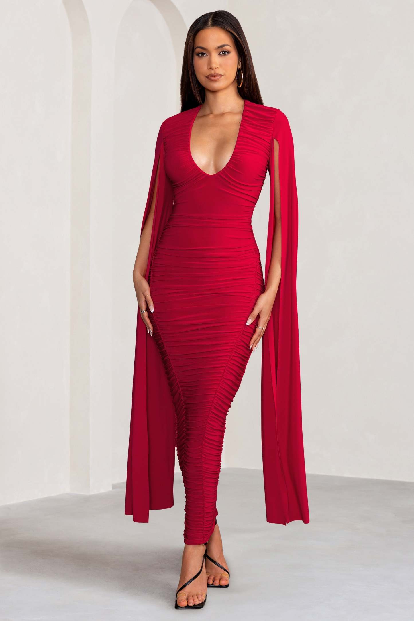 Georgiana Red Plunge Ruched Maxi Dress with Cape Sleeves-Fashionmomo.All Rights Reserved