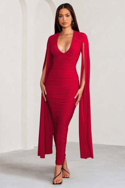 Georgiana Red Plunge Ruched Maxi Dress with Cape Sleeves-Fashionmomo.All Rights Reserved