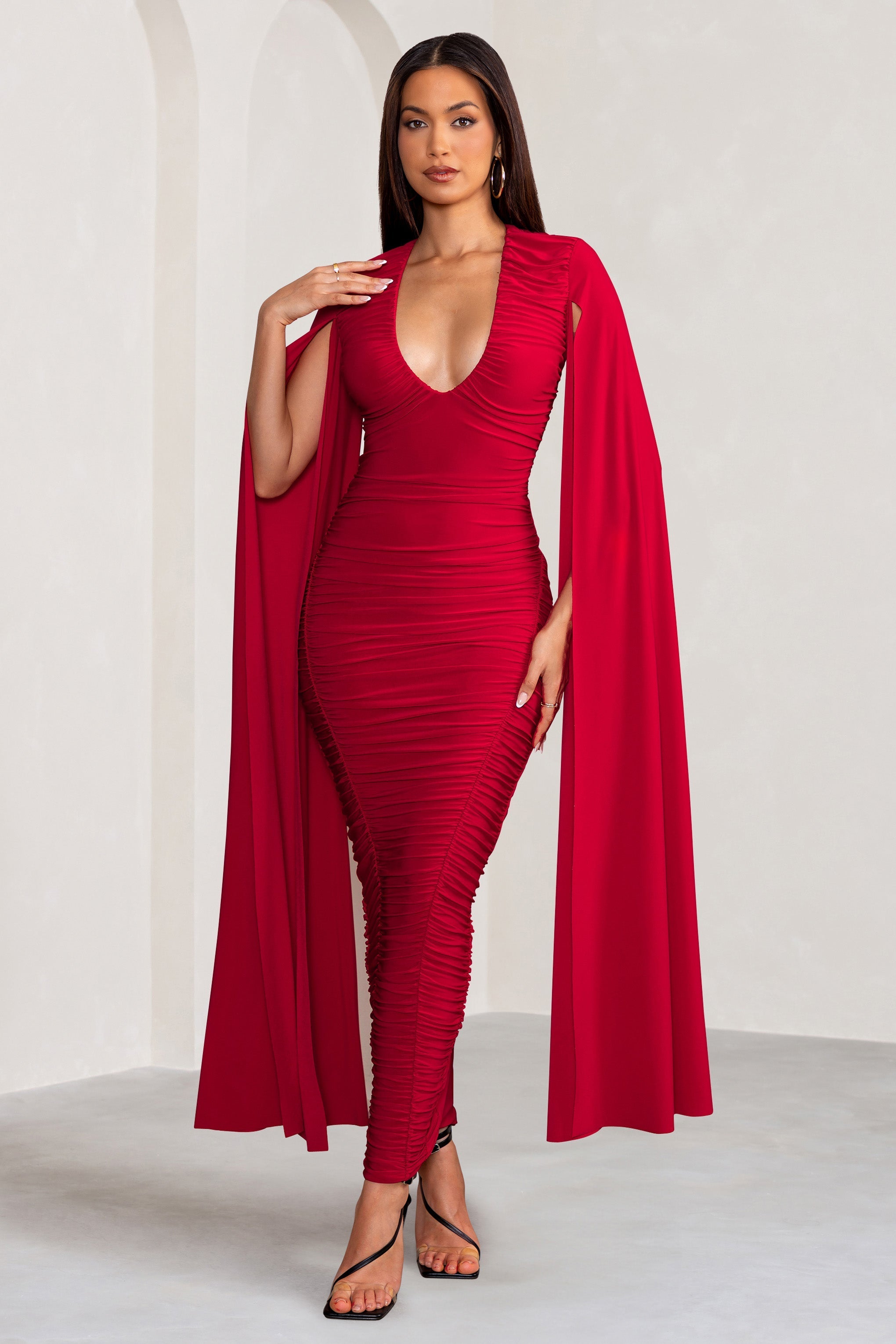Georgiana Red Plunge Ruched Maxi Dress with Cape Sleeves-Fashionmomo.All Rights Reserved
