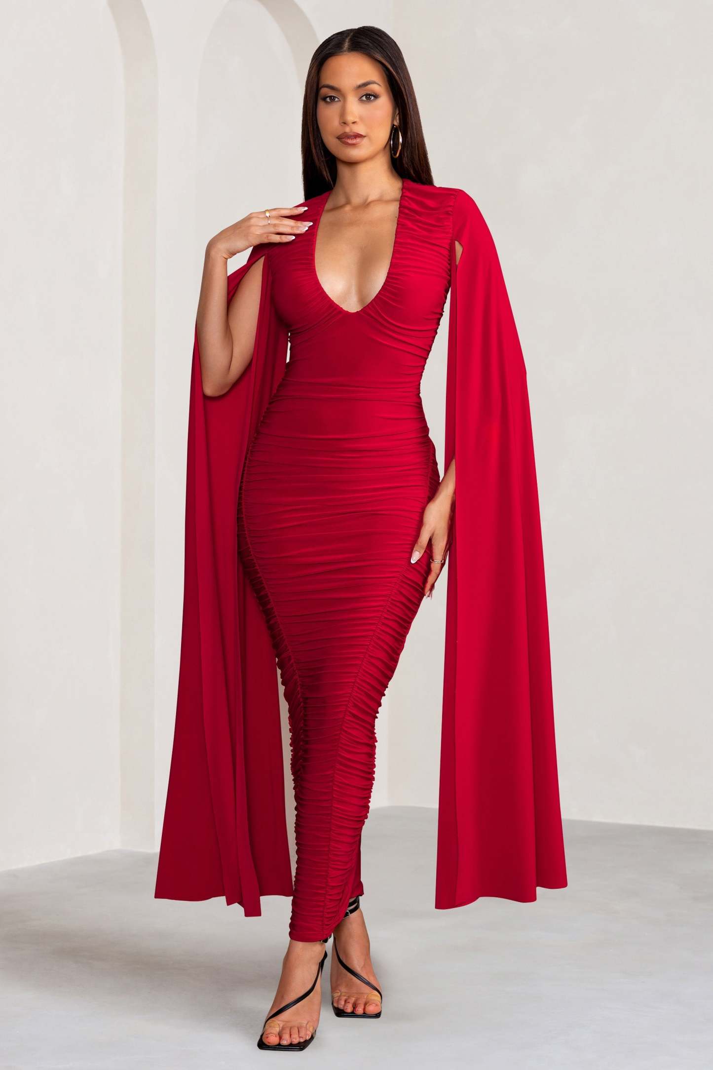 Georgiana Red Plunge Ruched Maxi Dress with Cape Sleeves-Fashionmomo.All Rights Reserved
