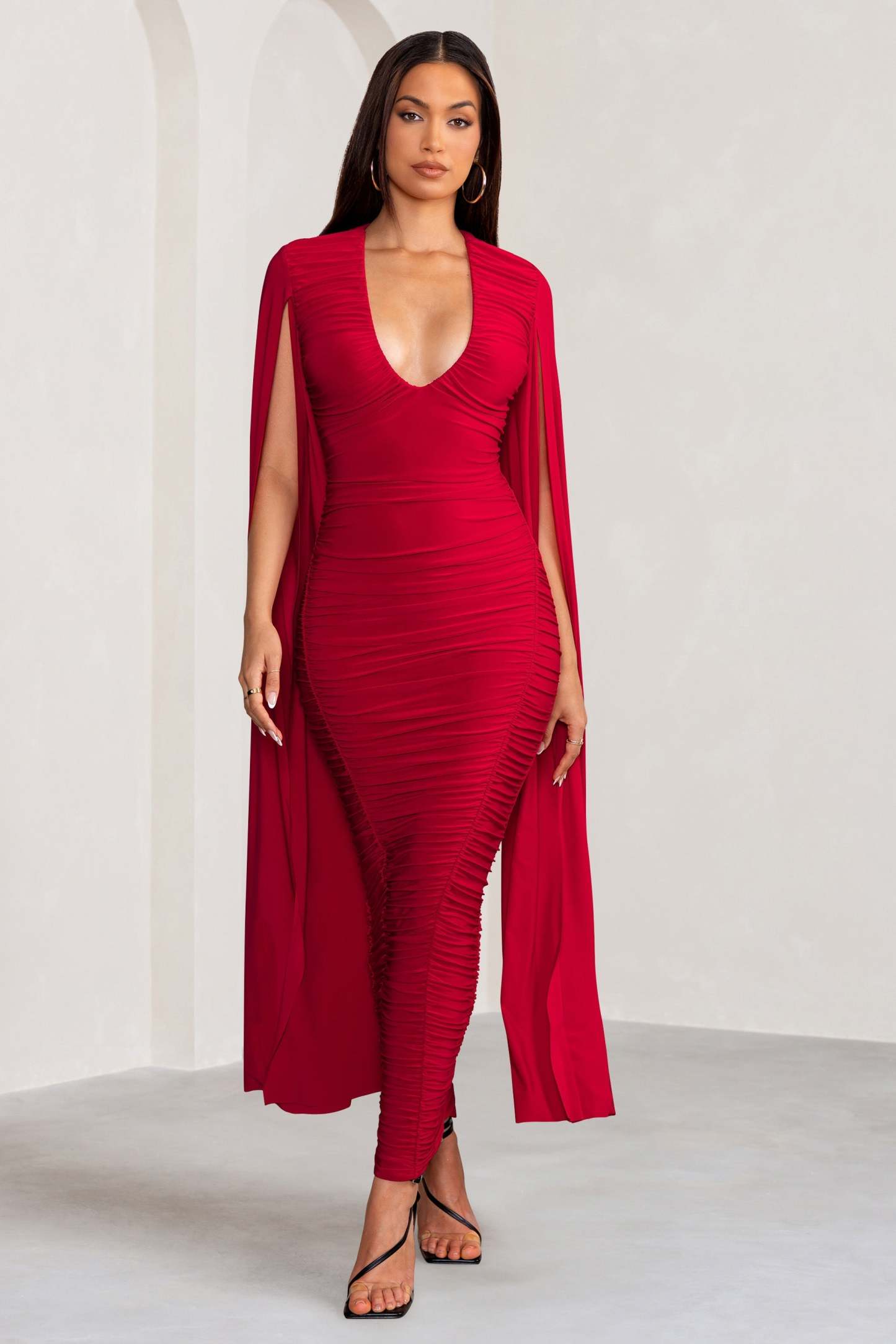 Georgiana Red Plunge Ruched Maxi Dress with Cape Sleeves-Fashionmomo.All Rights Reserved