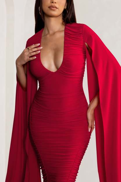 Georgiana Red Plunge Ruched Maxi Dress with Cape Sleeves-Fashionmomo.All Rights Reserved