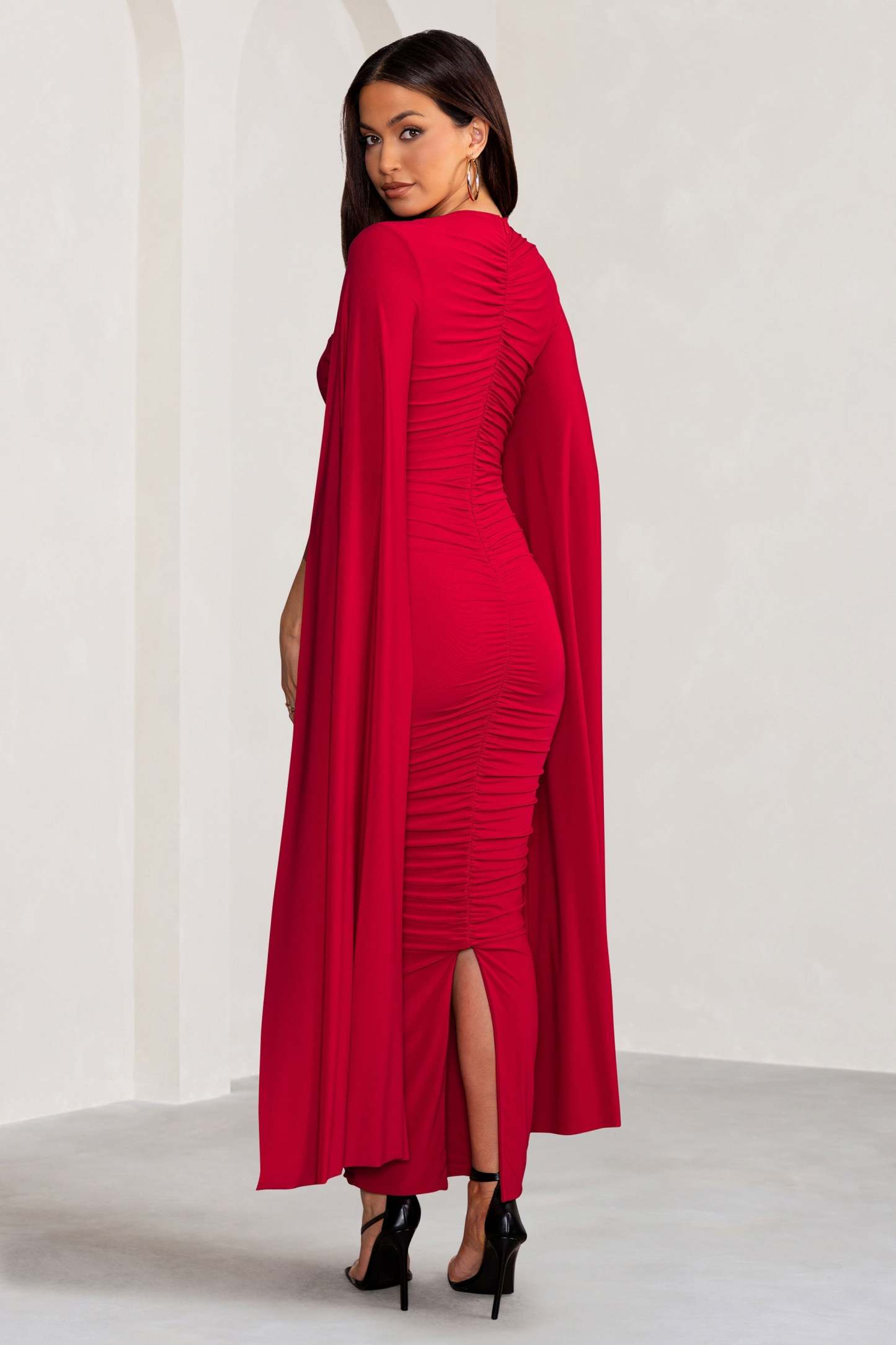 Georgiana Red Plunge Ruched Maxi Dress with Cape Sleeves-Fashionmomo.All Rights Reserved