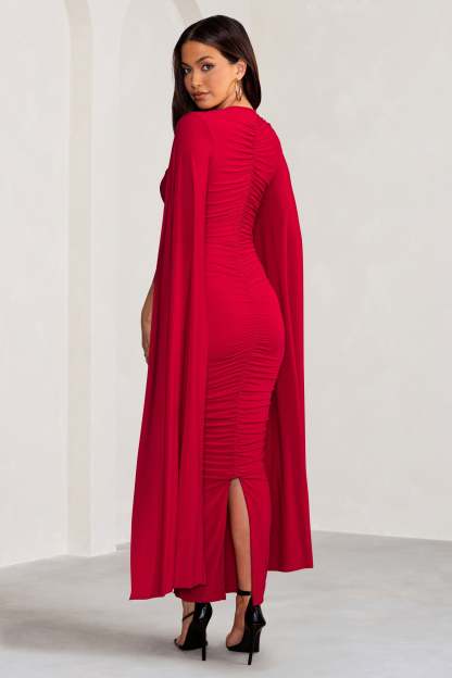 Georgiana Red Plunge Ruched Maxi Dress with Cape Sleeves-Fashionmomo.All Rights Reserved