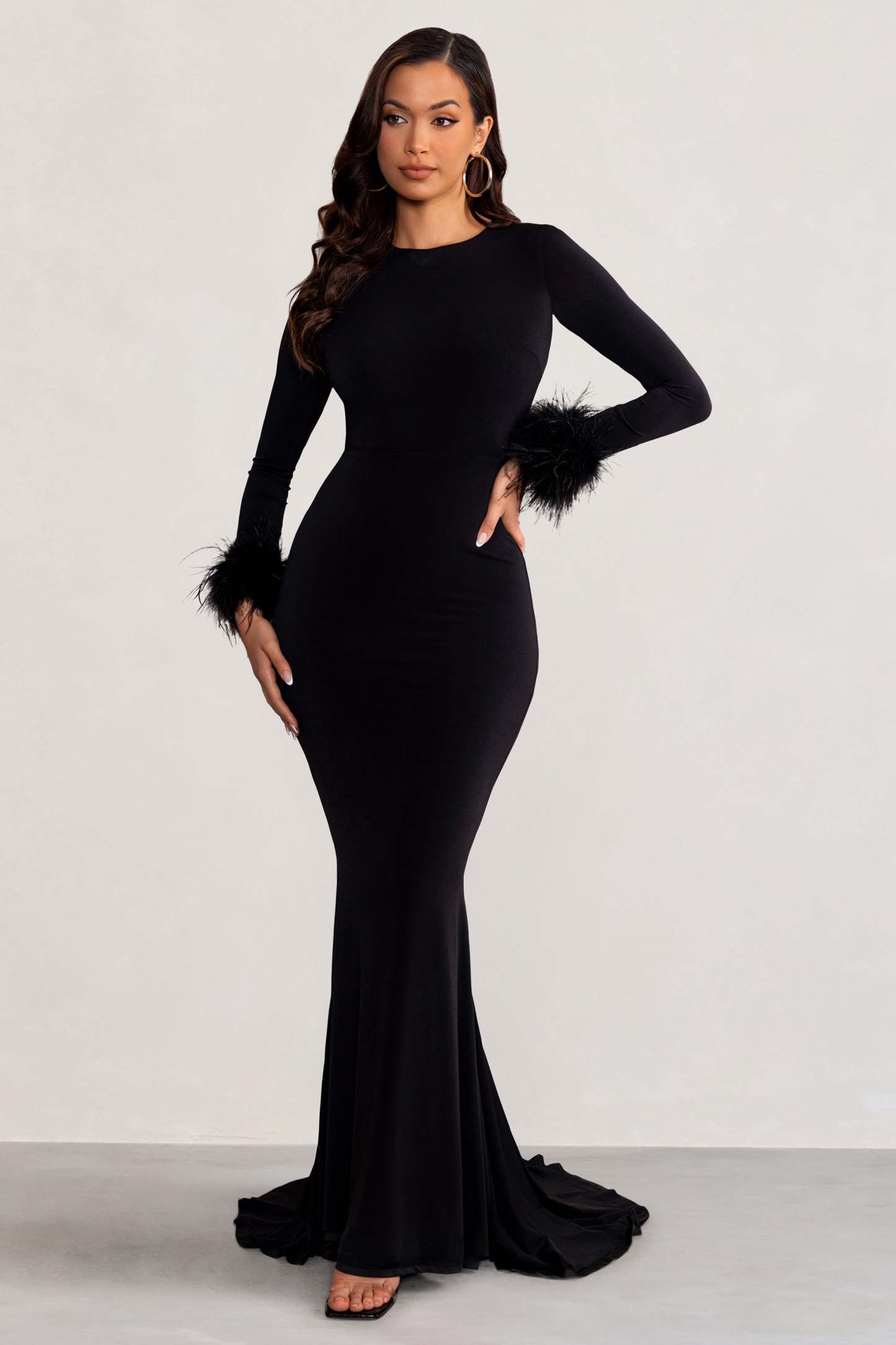 Betty Black High Neck Long Sleeve Maxi Dress with Feather Cuffs-Fashionmomo.All Rights Reserved
