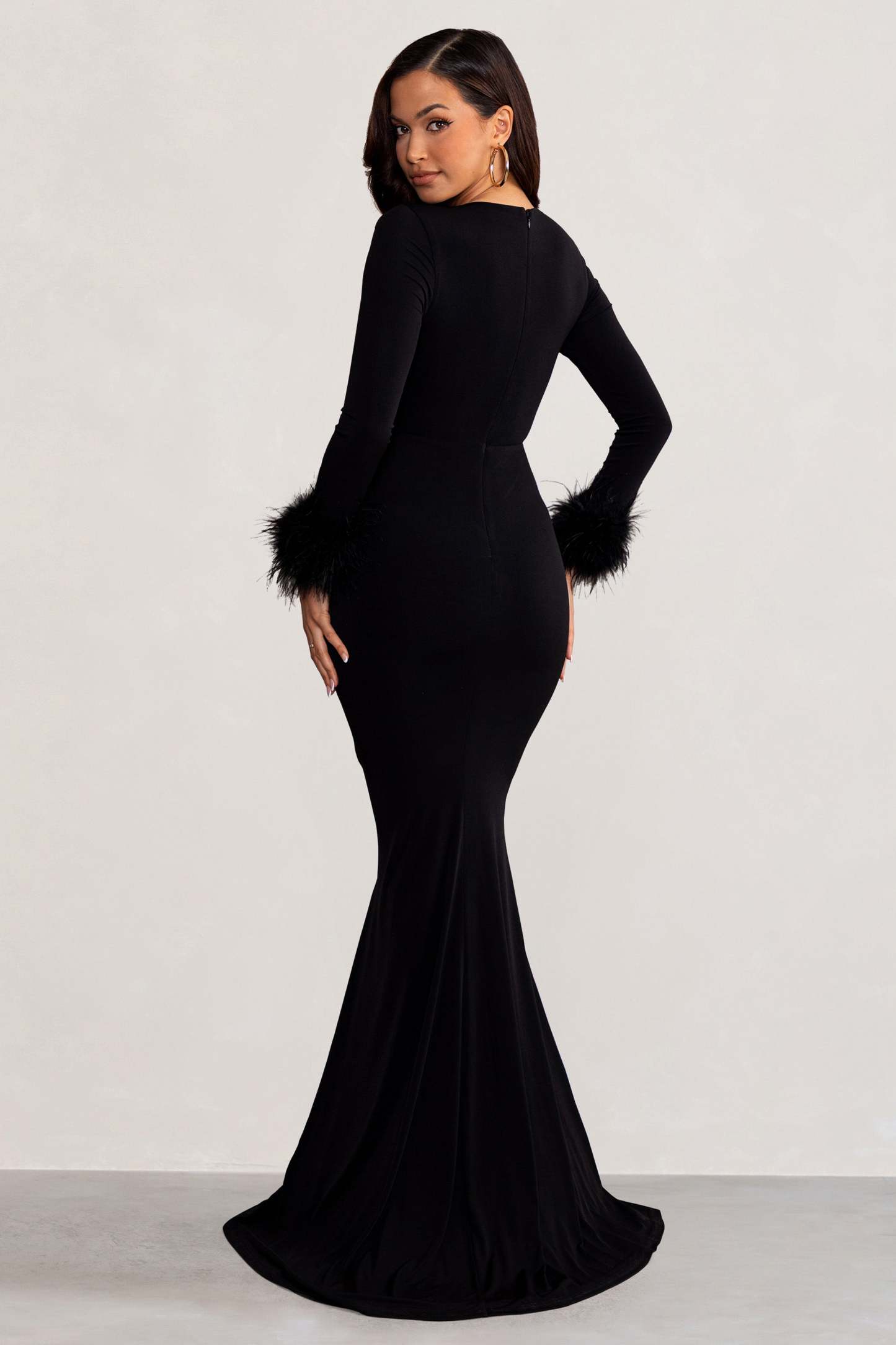 Betty Black High Neck Long Sleeve Maxi Dress with Feather Cuffs-Fashionmomo.All Rights Reserved