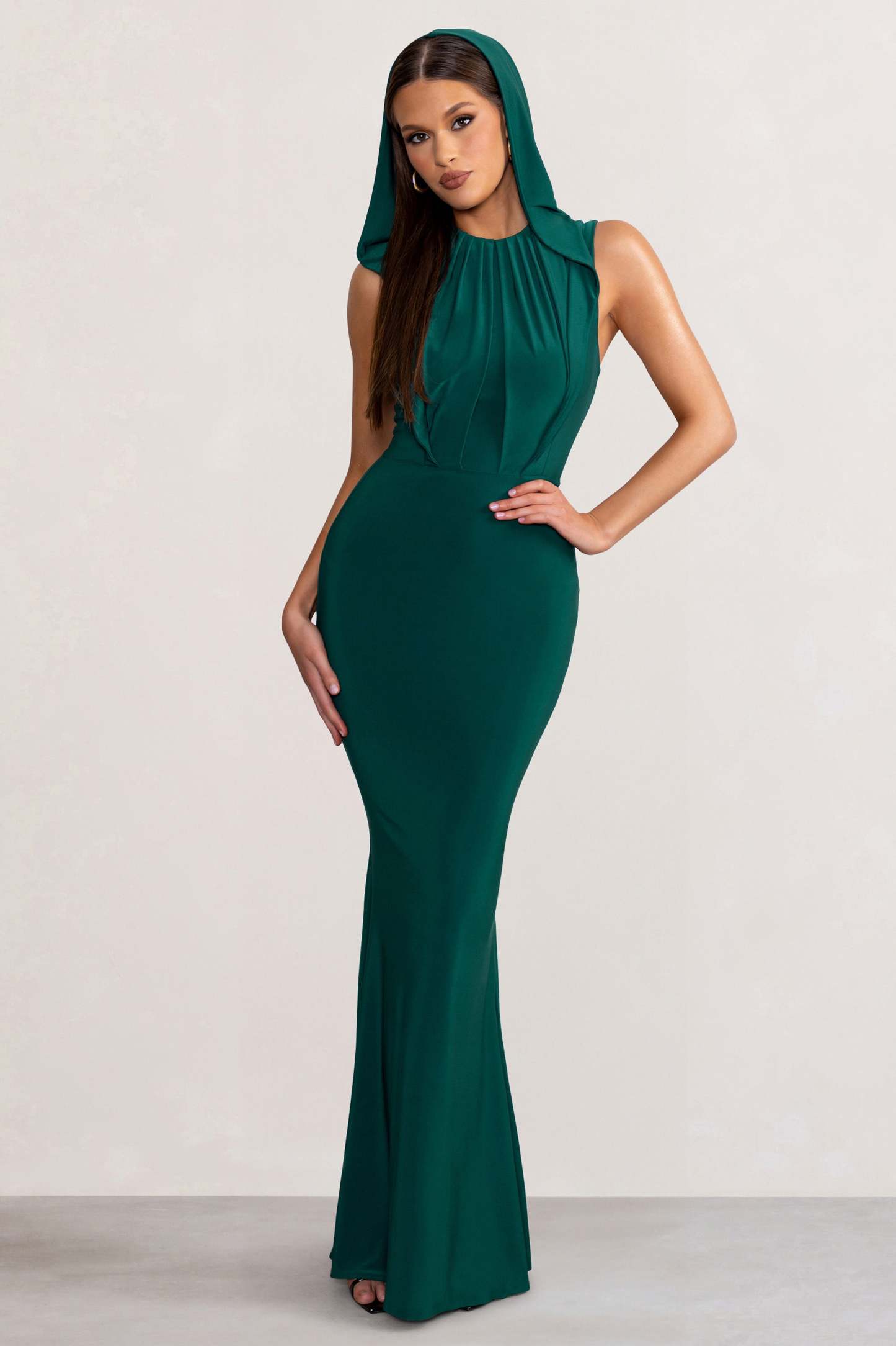 Phoenix Bottle Green Sleeveless Maxi Dress with Hood-Fashionmomo.All Rights Reserved
