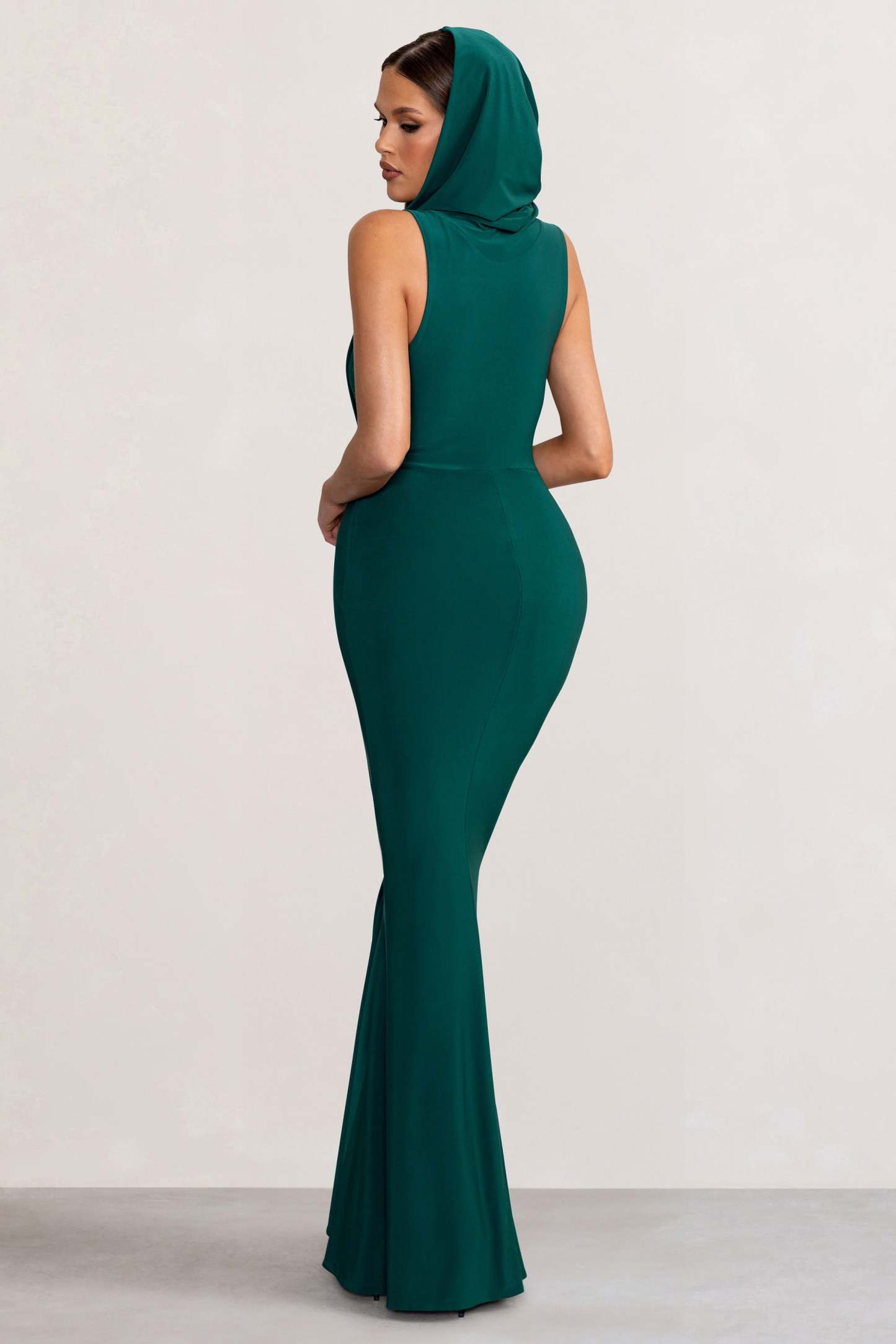 Phoenix Bottle Green Sleeveless Maxi Dress with Hood-Fashionmomo.All Rights Reserved