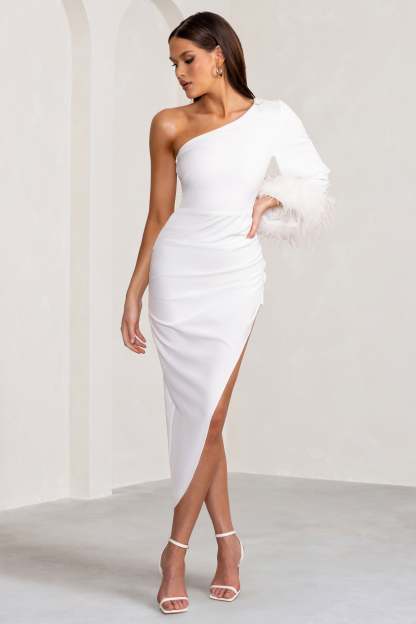 Gigi White Asymmetric Midi Dress with Feather Trim Cape Sleeve-Fashionmomo.All Rights Reserved