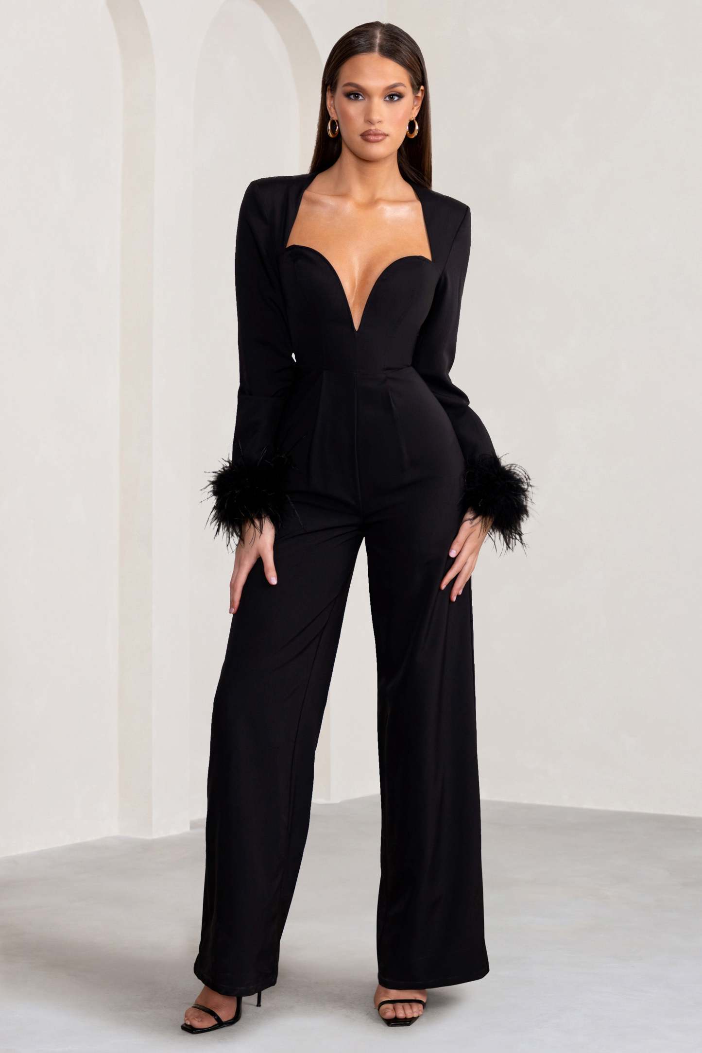 Portia Black Sweetheart Plunge Wide Leg Jumpsuit with Feather Cuffs-Fashionmomo.All Rights Reserved