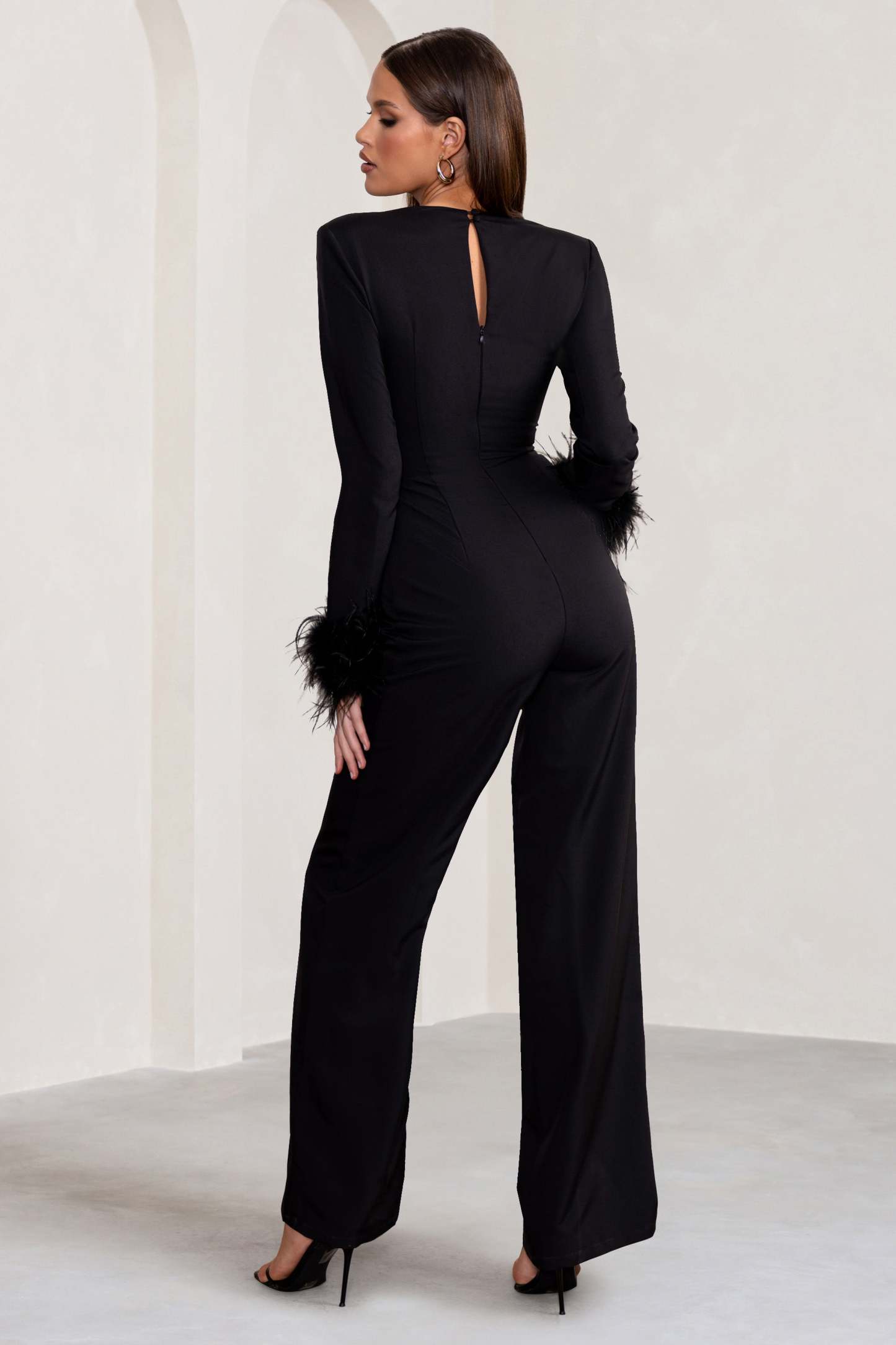 Portia Black Sweetheart Plunge Wide Leg Jumpsuit with Feather Cuffs-Fashionmomo.All Rights Reserved