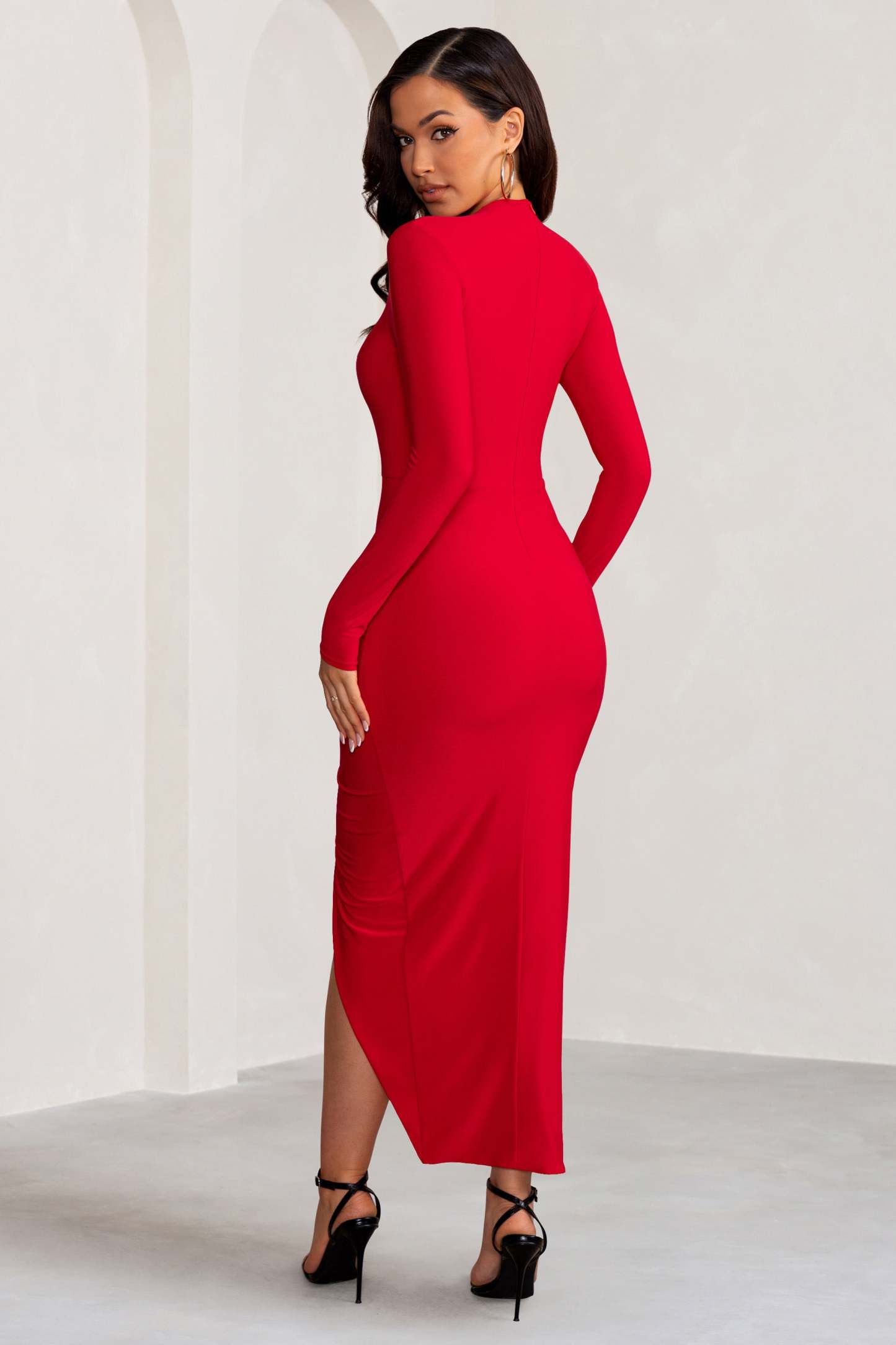 Alana Red Long Sleeve High Neck Maxi Dress with Ruched Waist and Front Split-Fashionmomo.All Rights Reserved