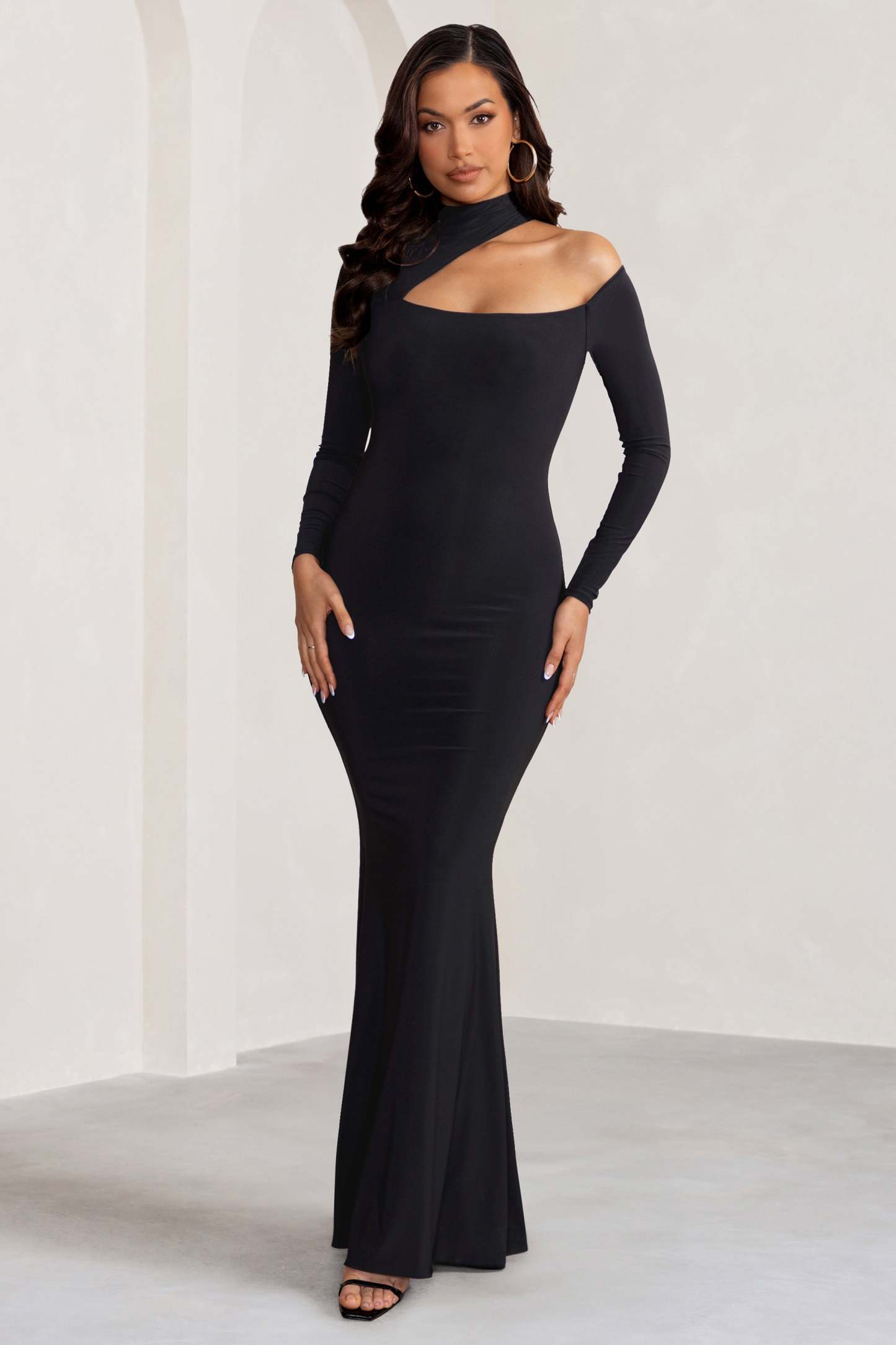 Farrah Black High Neck Maxi Dress with Cut-Out Neckline-Fashionmomo.All Rights Reserved