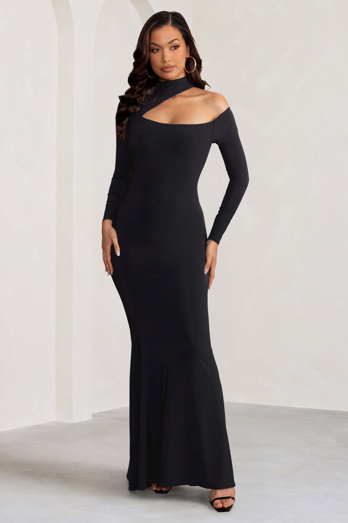 Farrah Black High Neck Maxi Dress with Cut-Out Neckline-Fashionmomo.All Rights Reserved