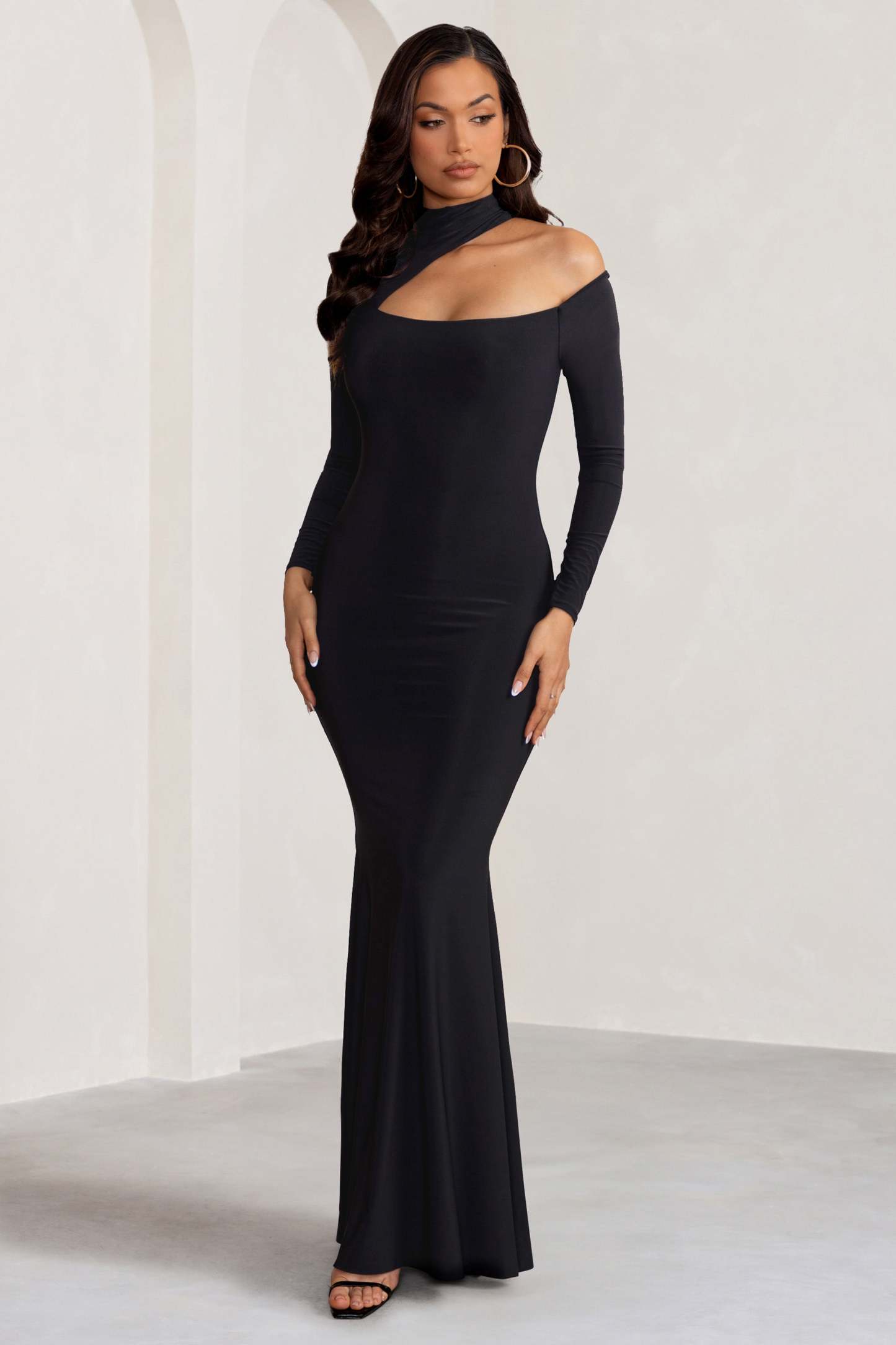 Farrah Black High Neck Maxi Dress with Cut-Out Neckline-Fashionmomo.All Rights Reserved