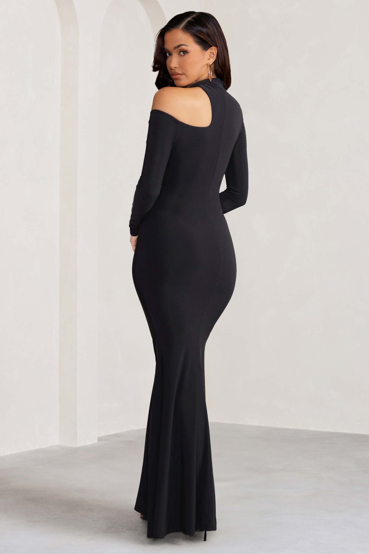 Farrah Black High Neck Maxi Dress with Cut-Out Neckline-Fashionmomo.All Rights Reserved