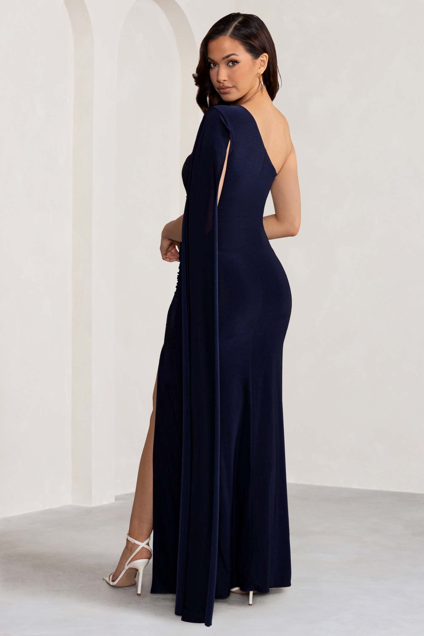 Alexia Navy One-Shoulder Maxi Dress with Cape Sleeve and Thigh Split-Fashionmomo.All Rights Reserved