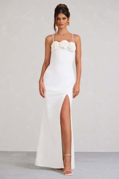 Buttercup White Strappy Floral Split Maxi Dress-Fashionmomo.All Rights Reserved