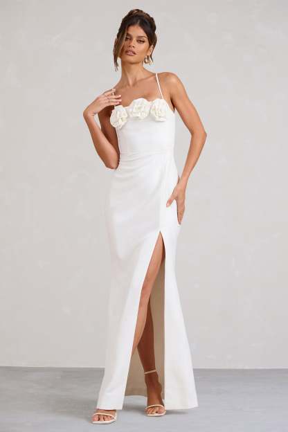 Buttercup White Strappy Floral Split Maxi Dress-Fashionmomo.All Rights Reserved