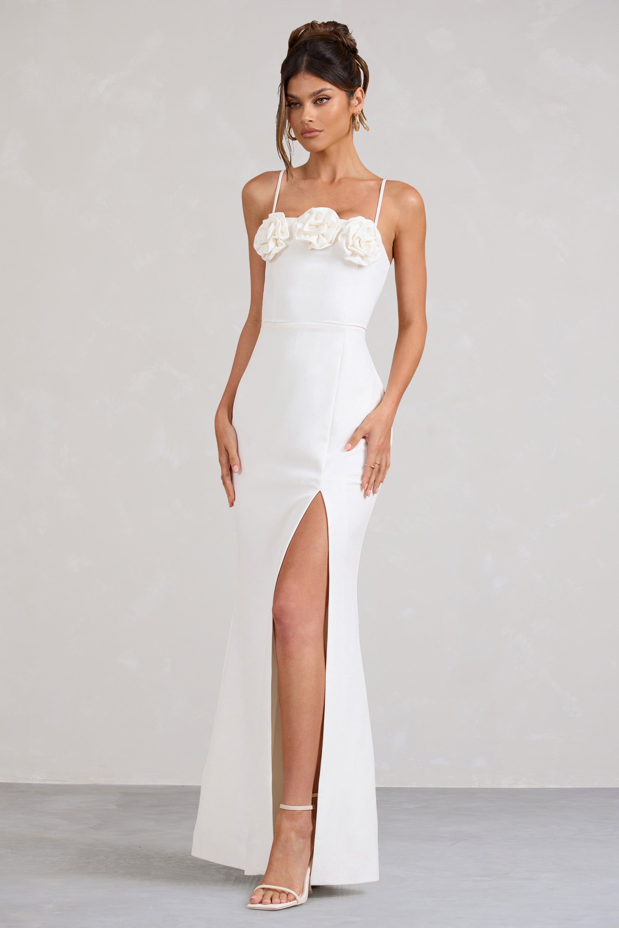 Buttercup White Strappy Floral Split Maxi Dress-Fashionmomo.All Rights Reserved