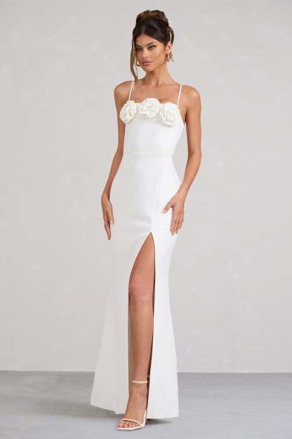 Buttercup White Strappy Floral Split Maxi Dress-Fashionmomo.All Rights Reserved