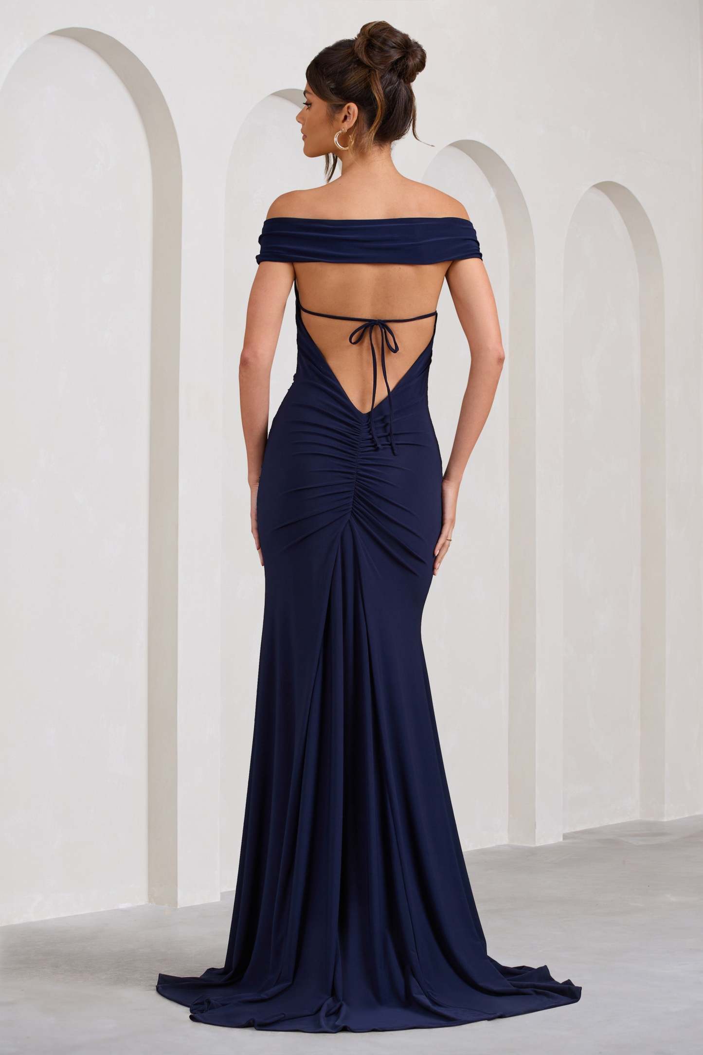 Harmony Navy Ruched Bardot Split Fishtail Maxi Dress-Fashionmomo.All Rights Reserved