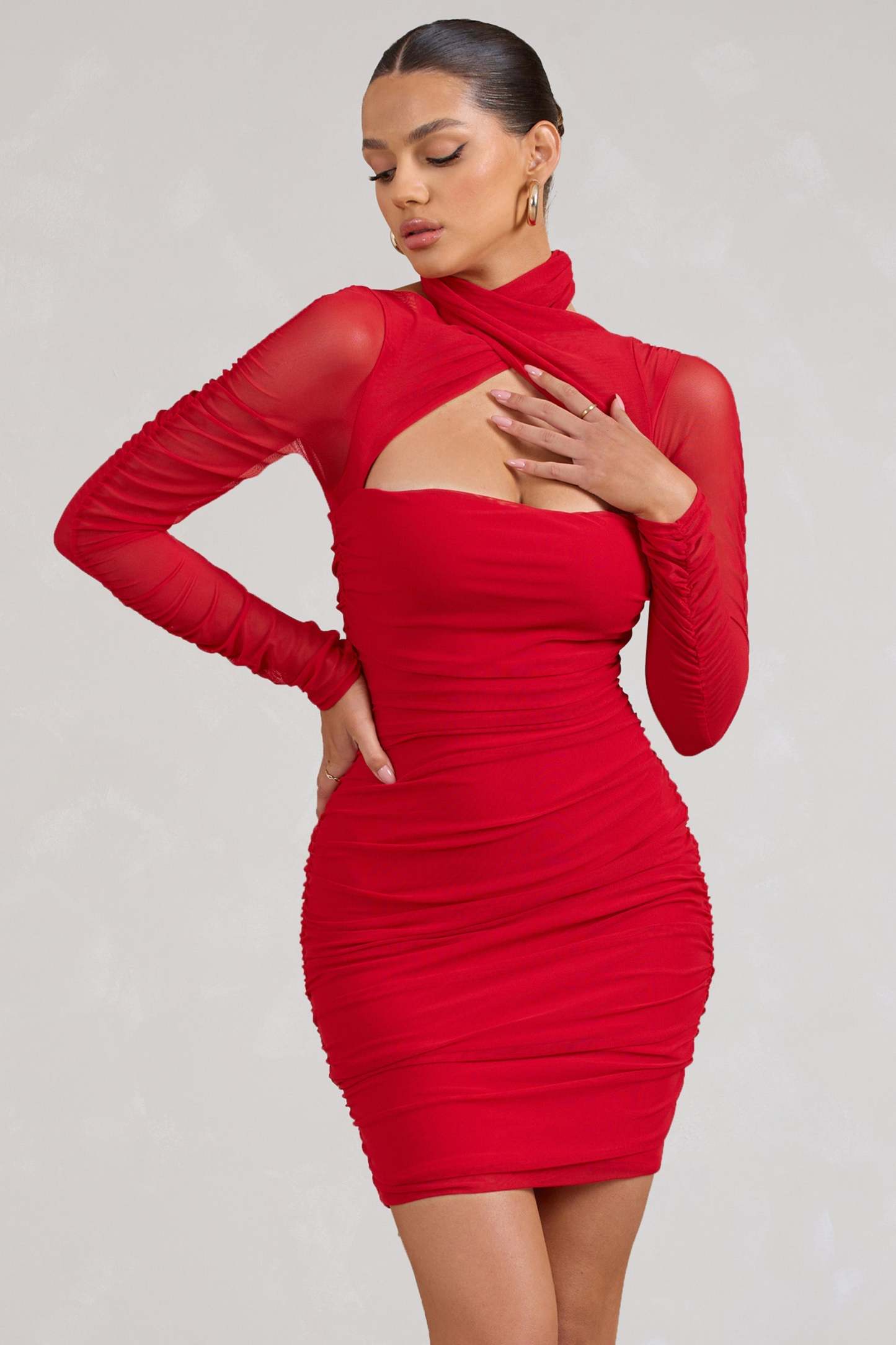 Bouquet Toss Red Ruched Mesh Long-Sleeved Mini Dress-Fashionmomo.All Rights Reserved