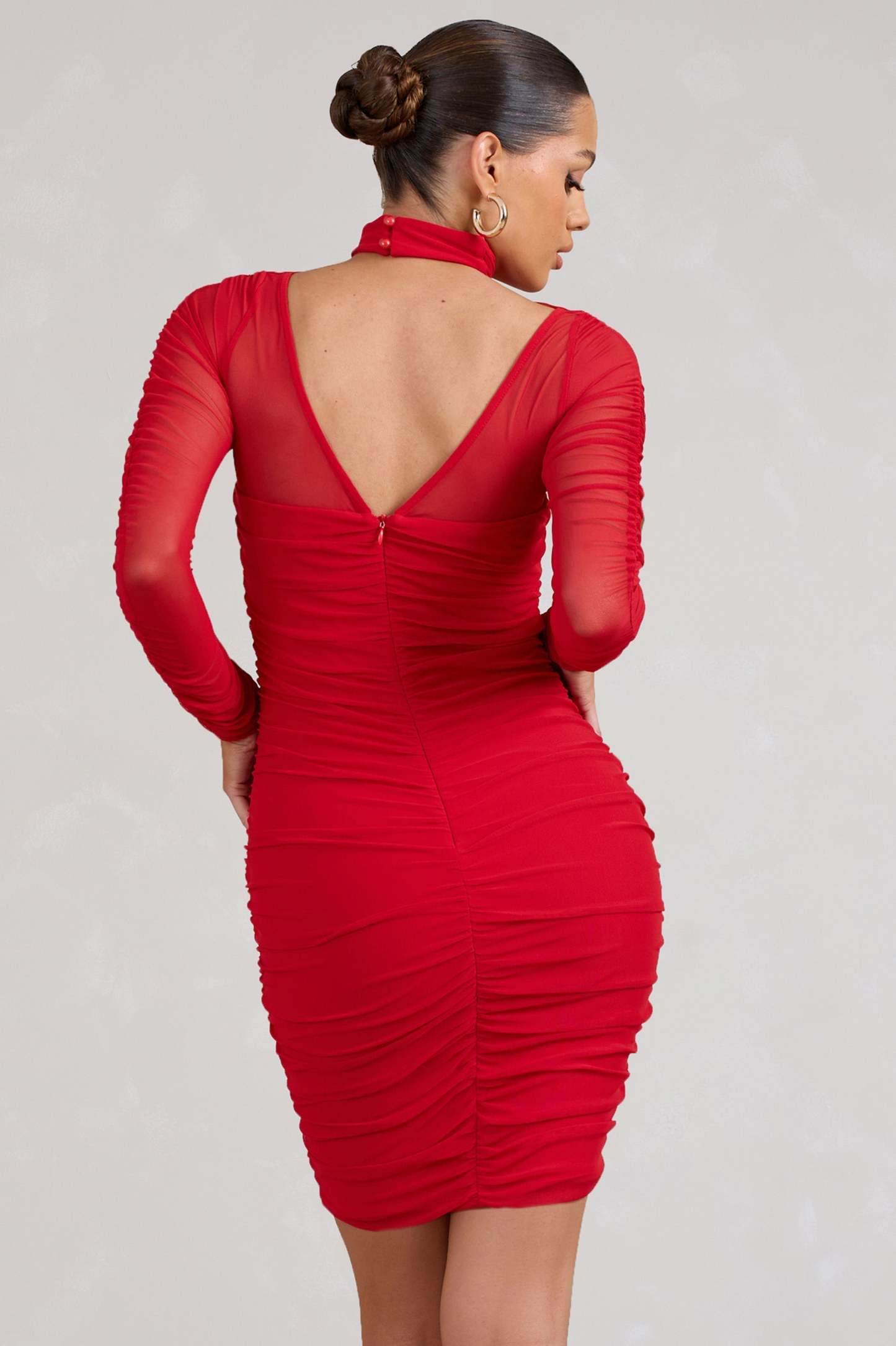 Bouquet Toss Red Ruched Mesh Long-Sleeved Mini Dress-Fashionmomo.All Rights Reserved