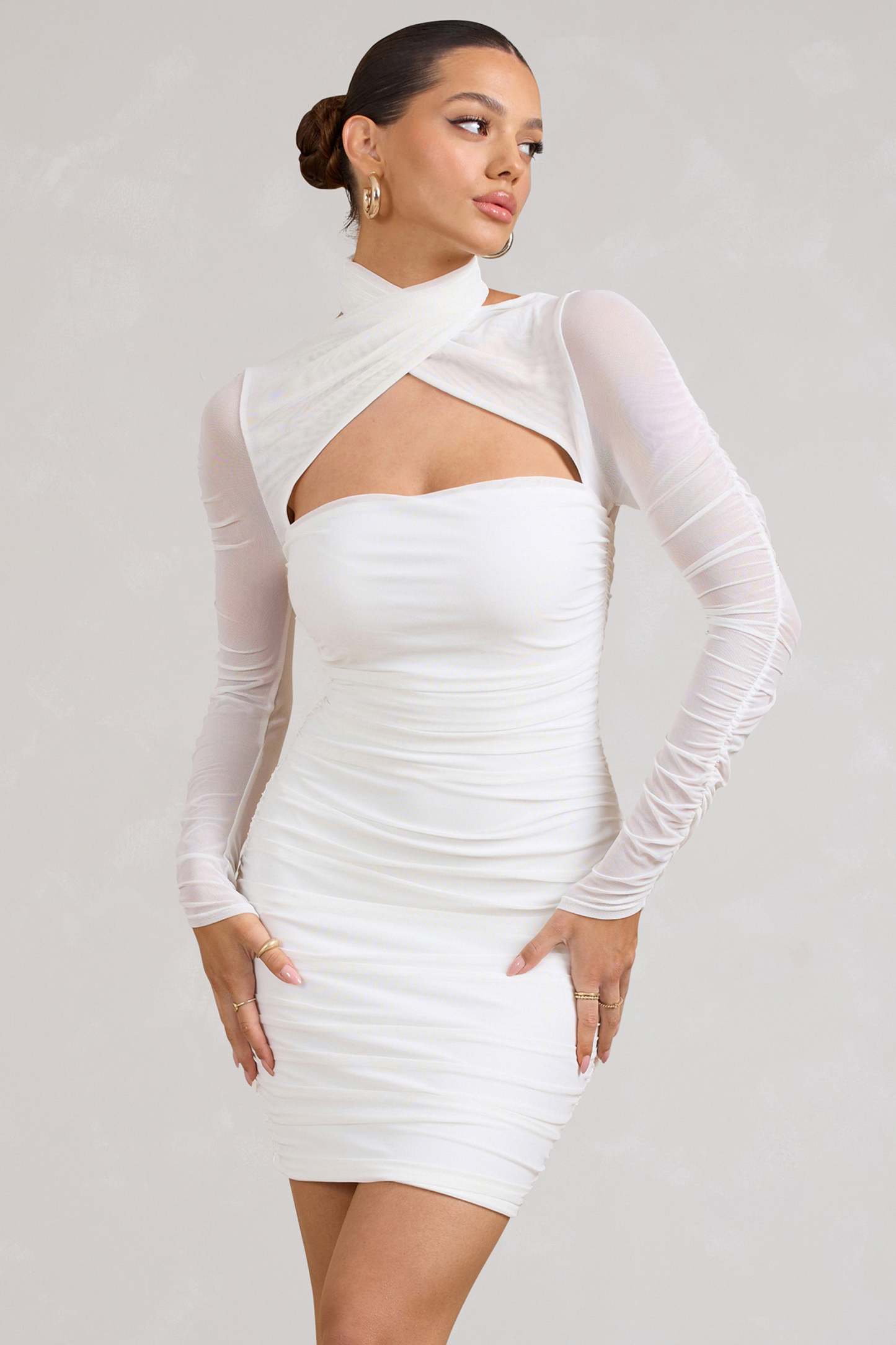 Bouquet Toss White Ruched Mesh Long-Sleeved Mini Dress-Fashionmomo.All Rights Reserved