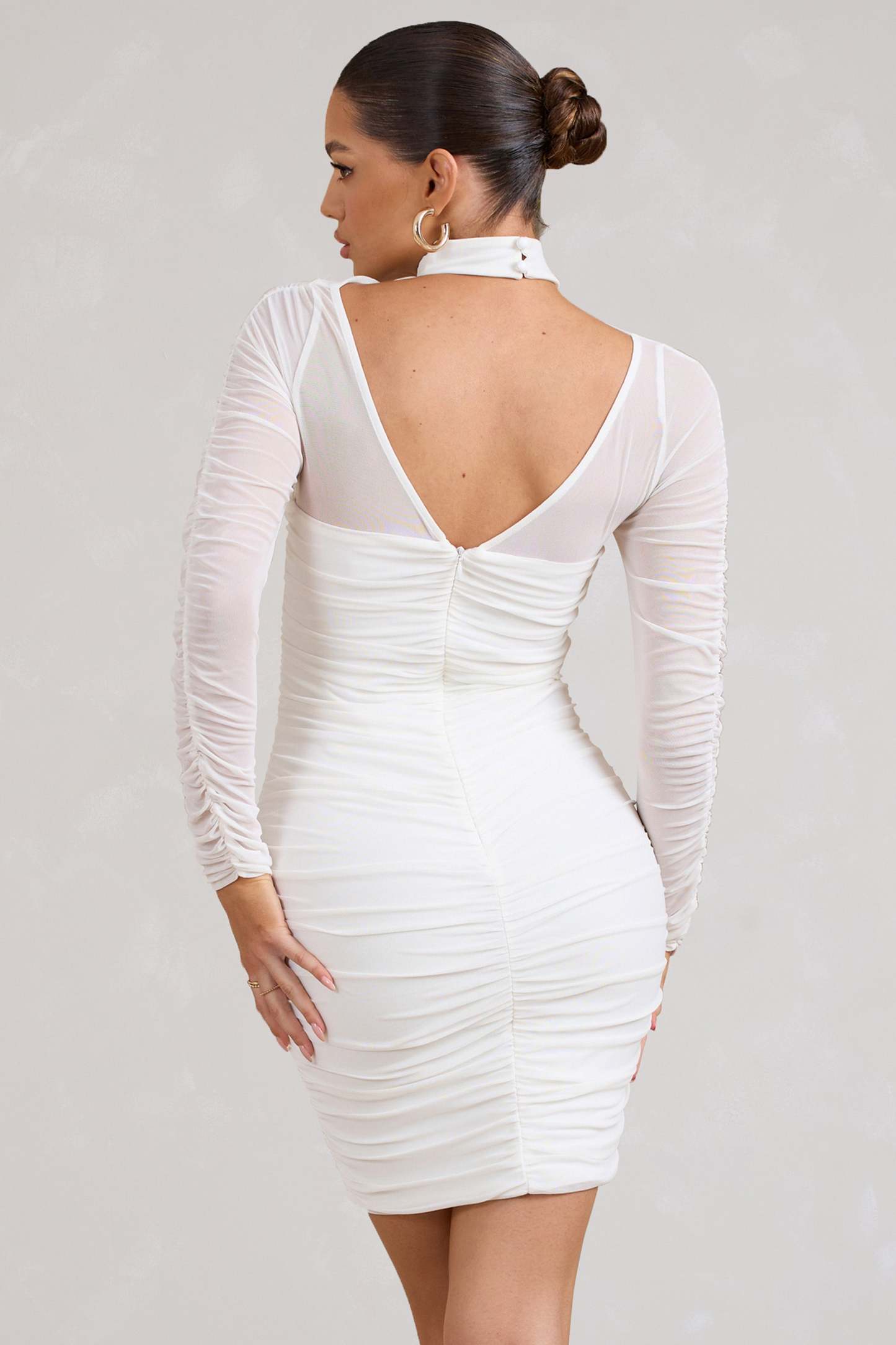 Bouquet Toss White Ruched Mesh Long-Sleeved Mini Dress-Fashionmomo.All Rights Reserved