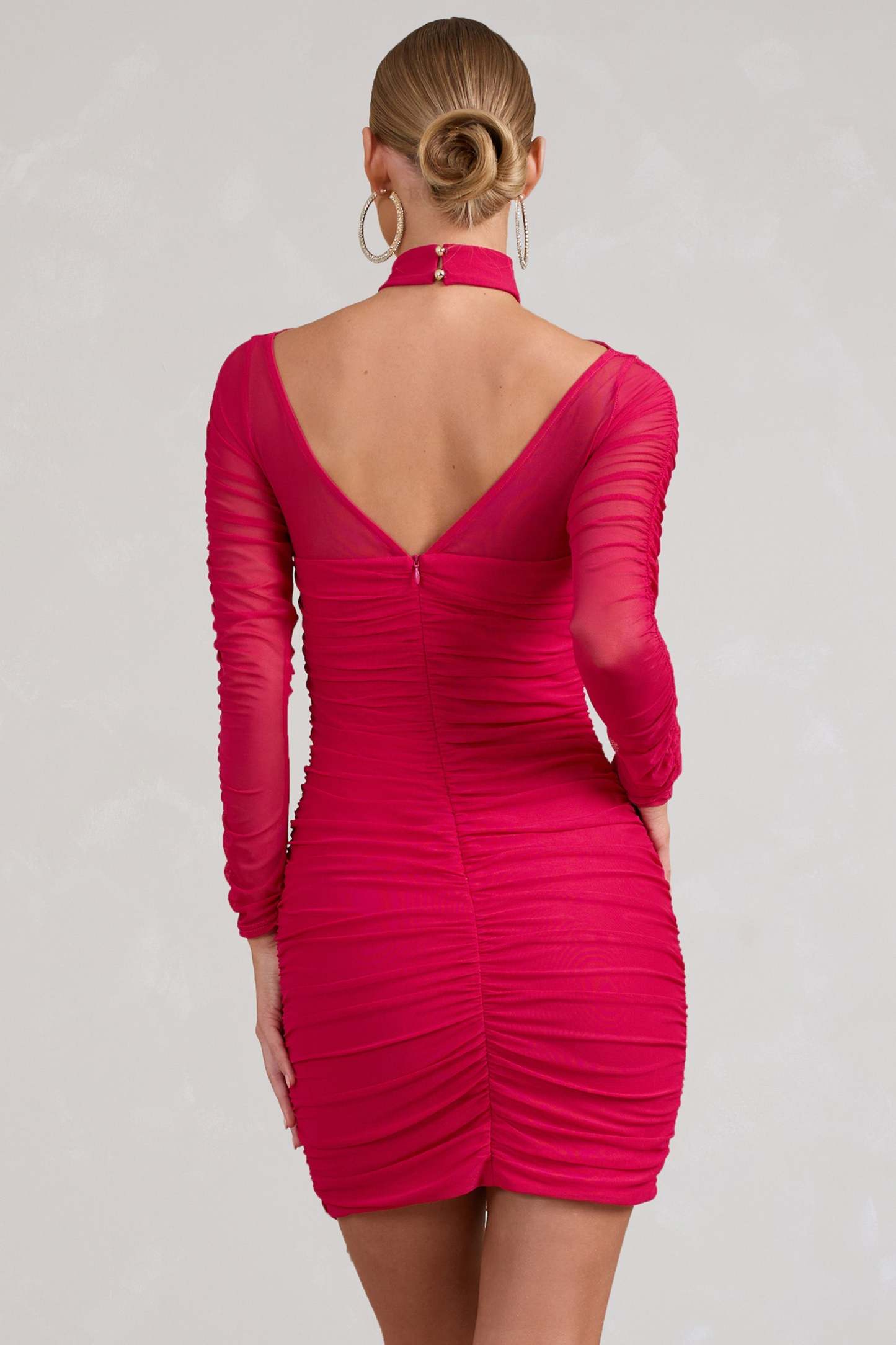 Bouquet Toss Hot Pink Ruched Mesh Long-Sleeved Mini Dress-Fashionmomo.All Rights Reserved