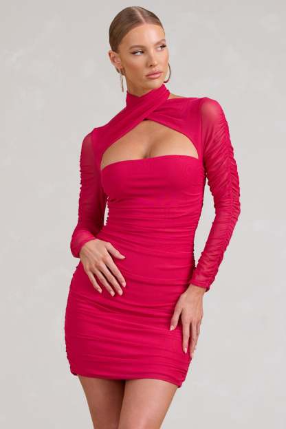 Bouquet Toss Hot Pink Ruched Mesh Long-Sleeved Mini Dress-Fashionmomo.All Rights Reserved