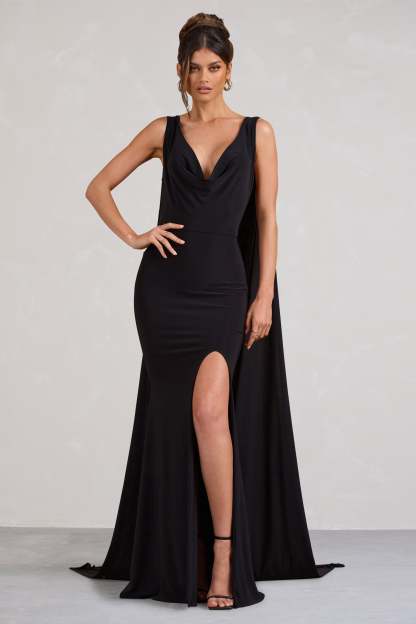 A Toast Black Split Maxi Dress With Draped Cape-Fashionmomo.All Rights Reserved
