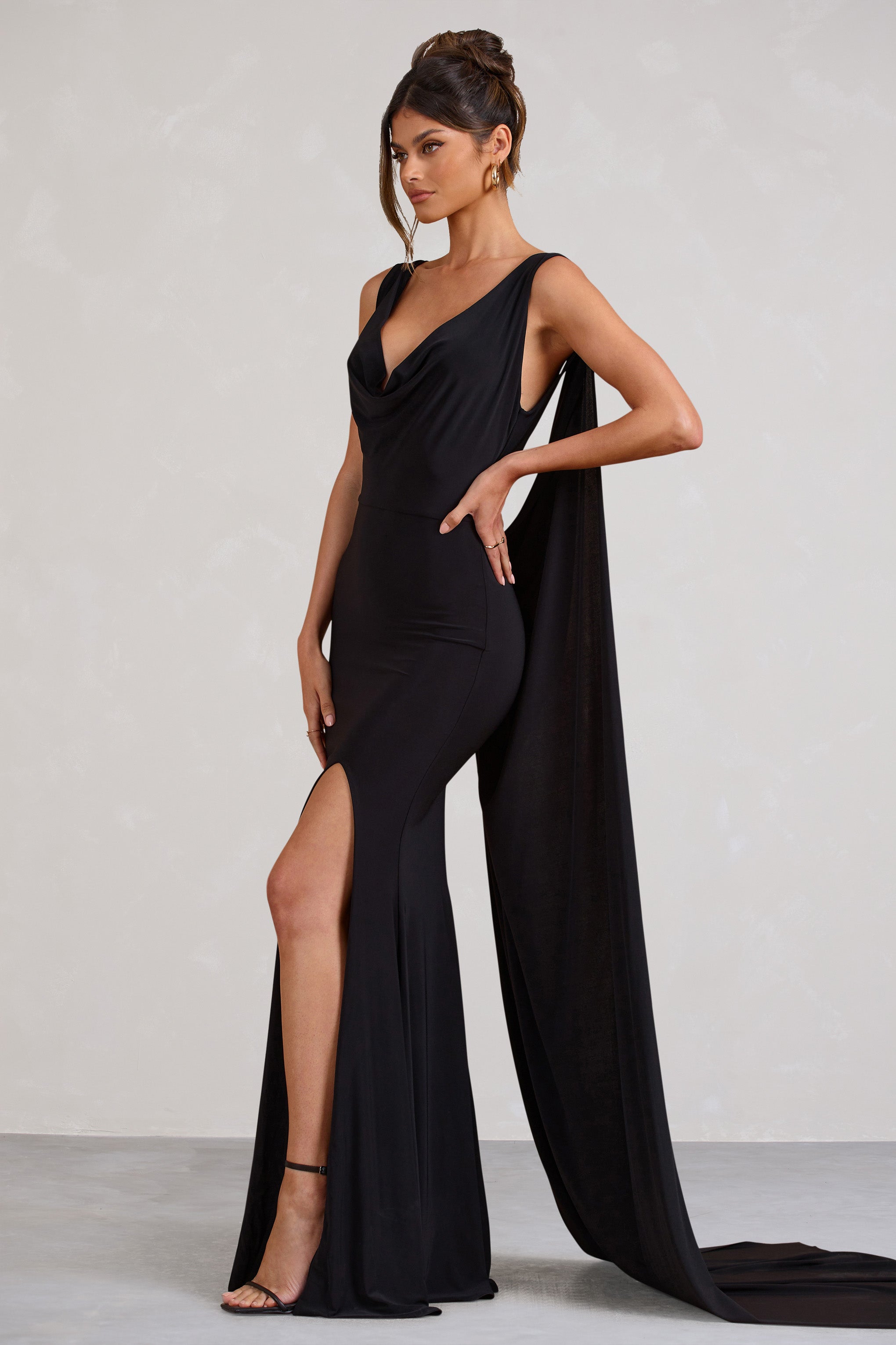 A Toast Black Split Maxi Dress With Draped Cape-Fashionmomo.All Rights Reserved