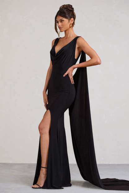 A Toast Black Split Maxi Dress With Draped Cape-Fashionmomo.All Rights Reserved