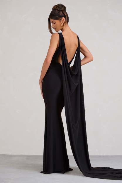 A Toast Black Split Maxi Dress With Draped Cape-Fashionmomo.All Rights Reserved