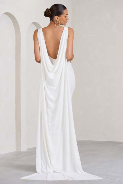 A Toast White Split Maxi Dress With Draped Cape-Fashionmomo.All Rights Reserved