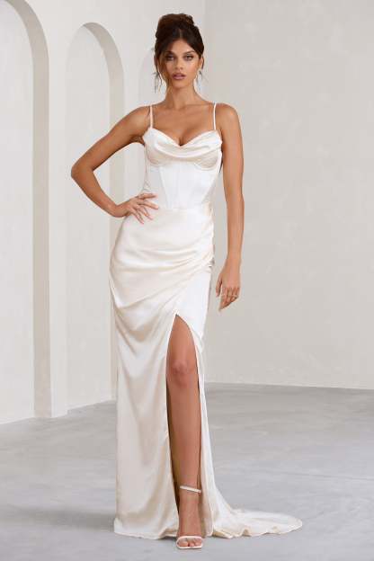 Grand Gift Cream Satin Corset Draped Fishtail Maxi Dress-Fashionmomo.All Rights Reserved