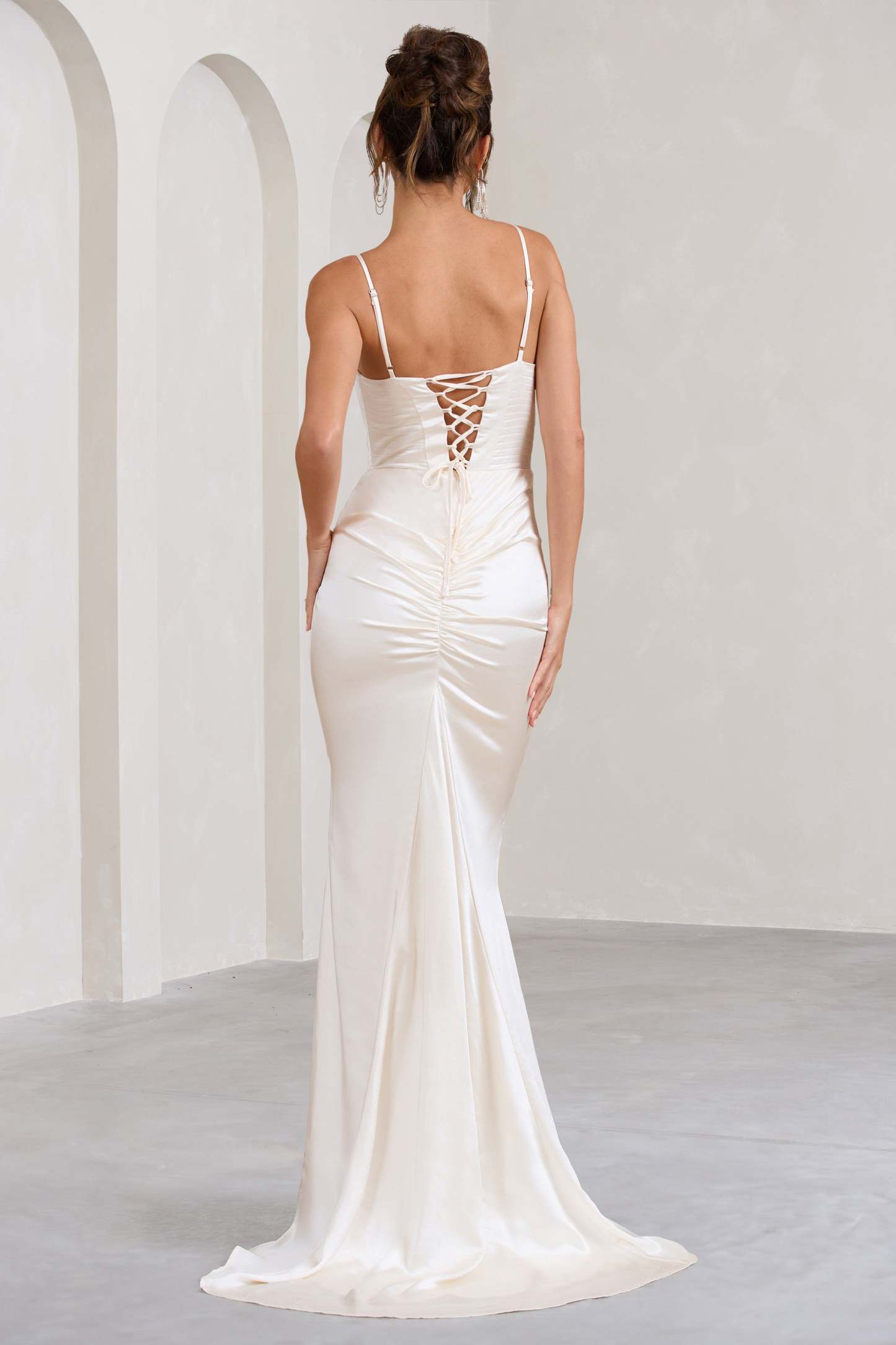 Grand Gift Cream Satin Corset Draped Fishtail Maxi Dress-Fashionmomo.All Rights Reserved